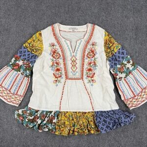 Vincente Top Womens Small Linen Blend Embroidered Patchwork Floral Boho